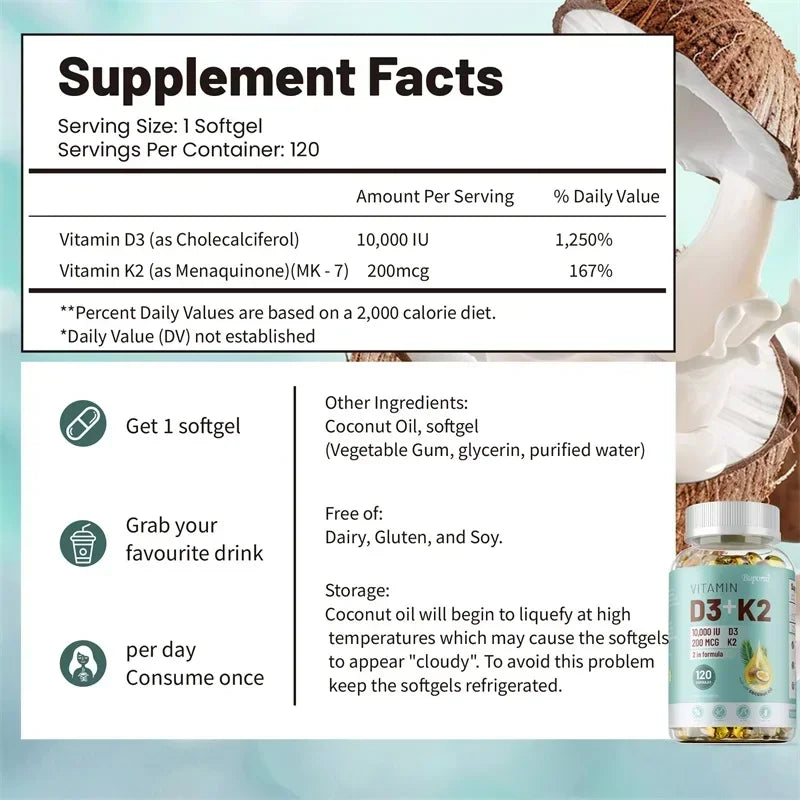 VITAMIN D3&K2 - Natural Ingredient Calcium, Bone, Teeth, Joint & Skin, Immune Support Supplement - 120 Capsules